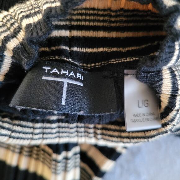 Y2K Tahari Stretch Top Black Gold Tan Textured Stripe | Size Large - Picture 5 of 6